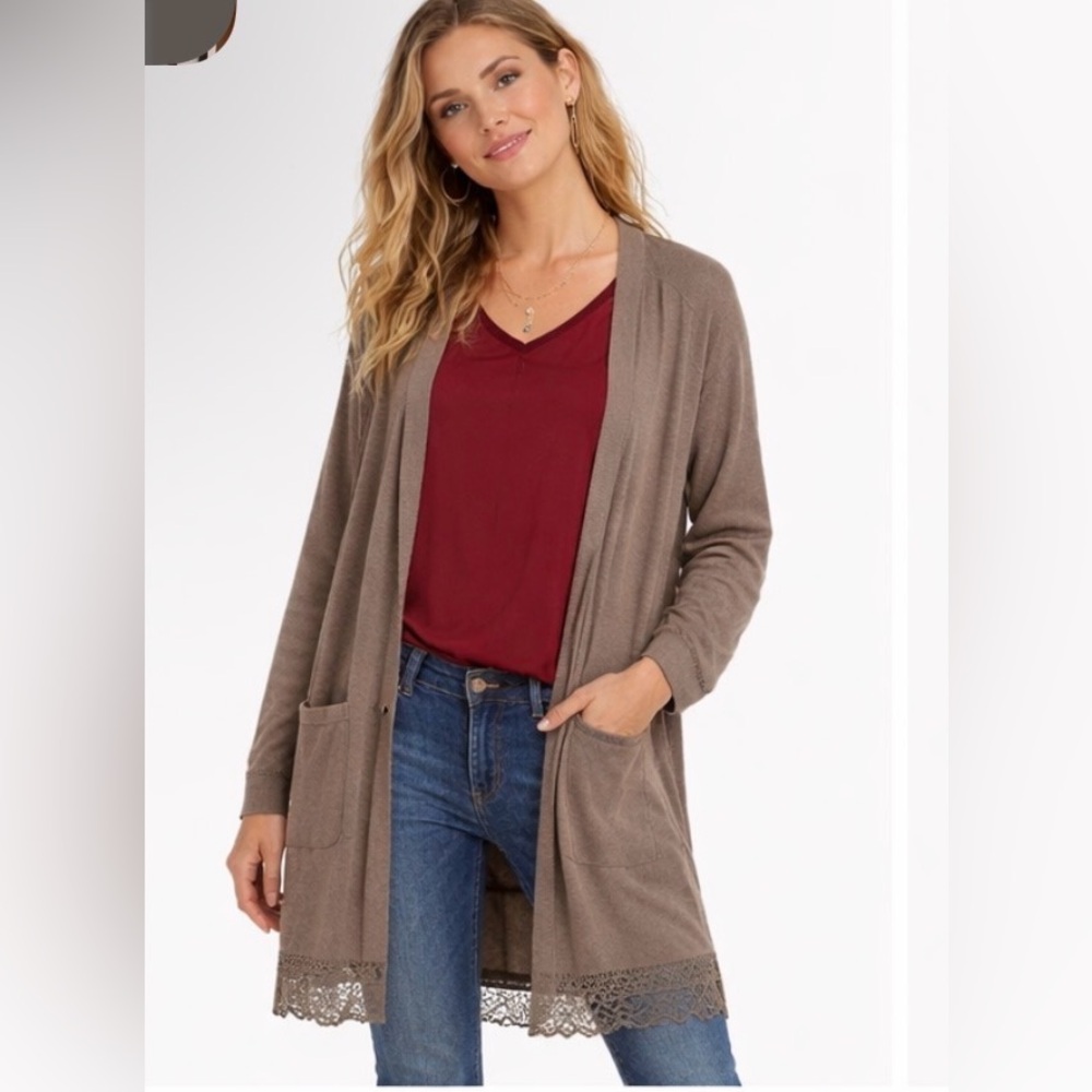 Wrap London Open-Front Crochet-Trim Cardigan long Sweater as 16